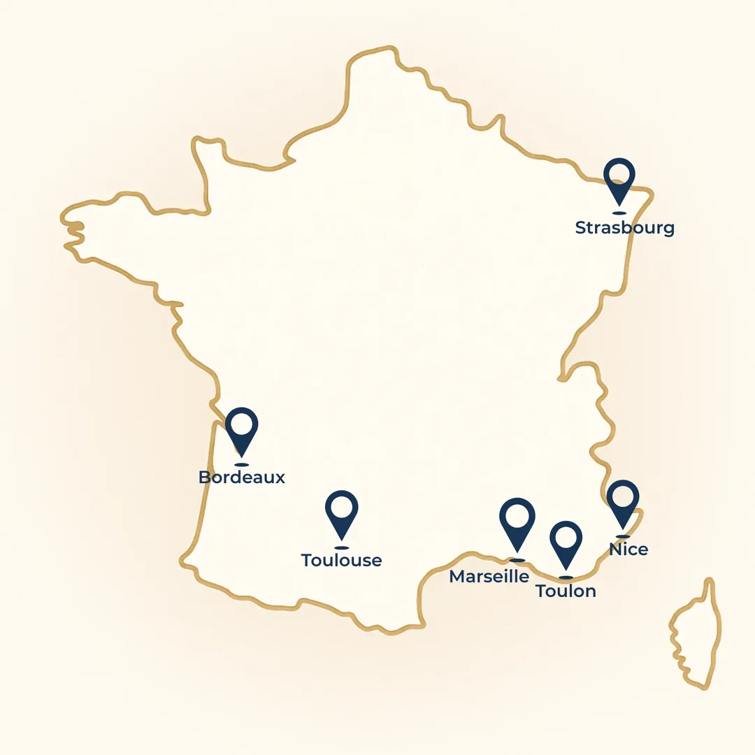 Carte de France des villes où intervient Molie : Marseille, Nice, Toulouse, Bordeaux, Strasbourg et Toulon