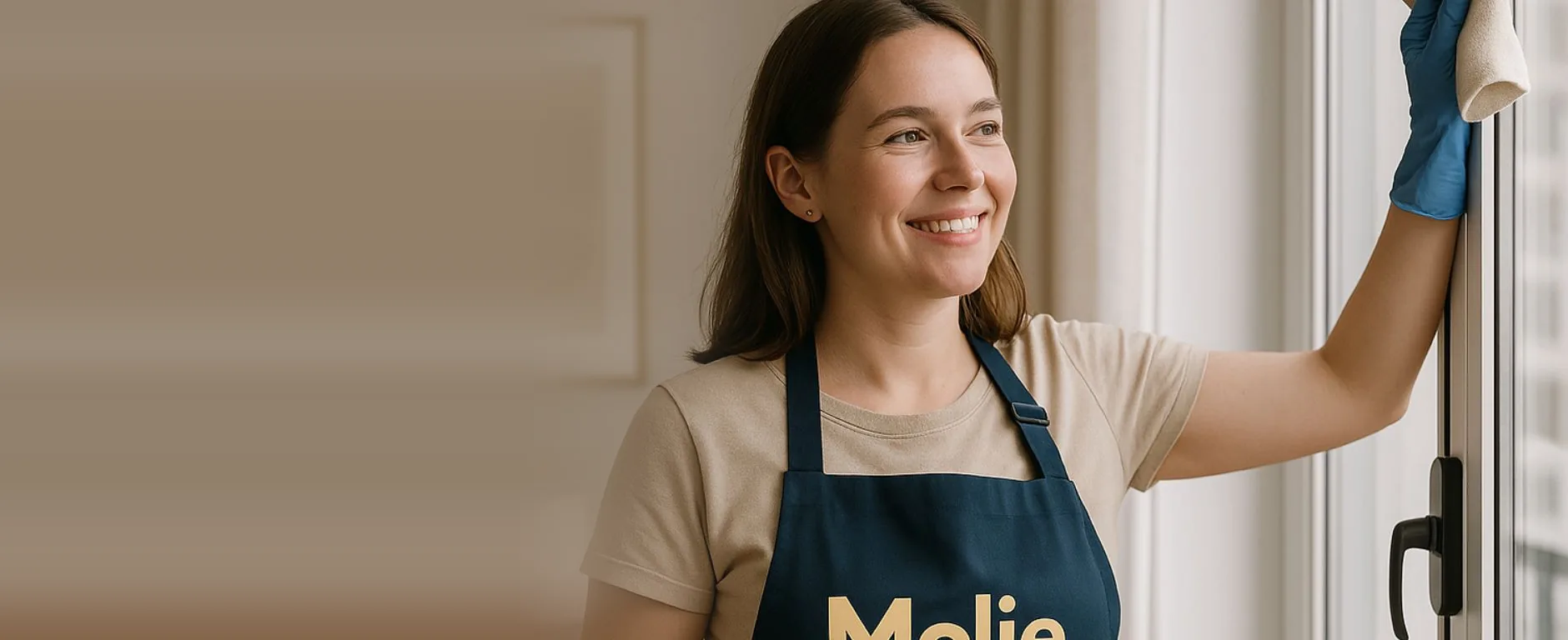 Intervenante Molie au tablier, souriante, nettoyant une fenêtre