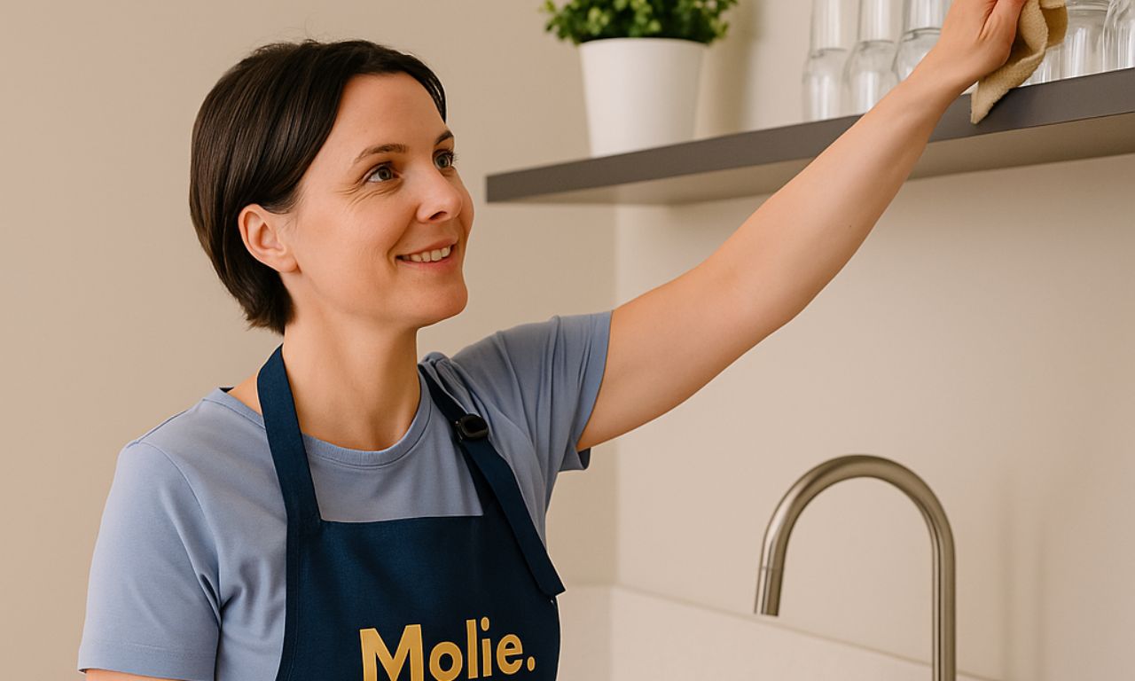 Professionnelle de ménage Molie Services nettoyant une étagère