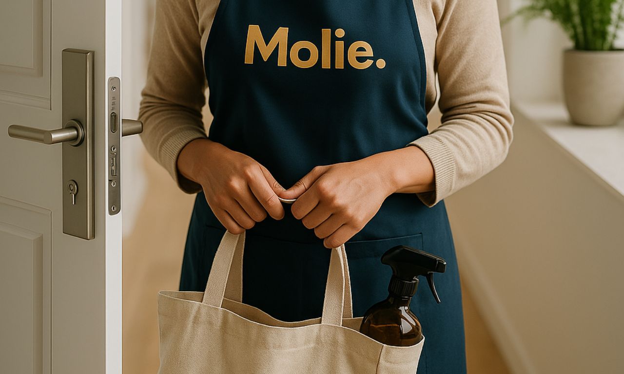 Personne avec tablier Molie tenant un sac et des produits de nettoyage