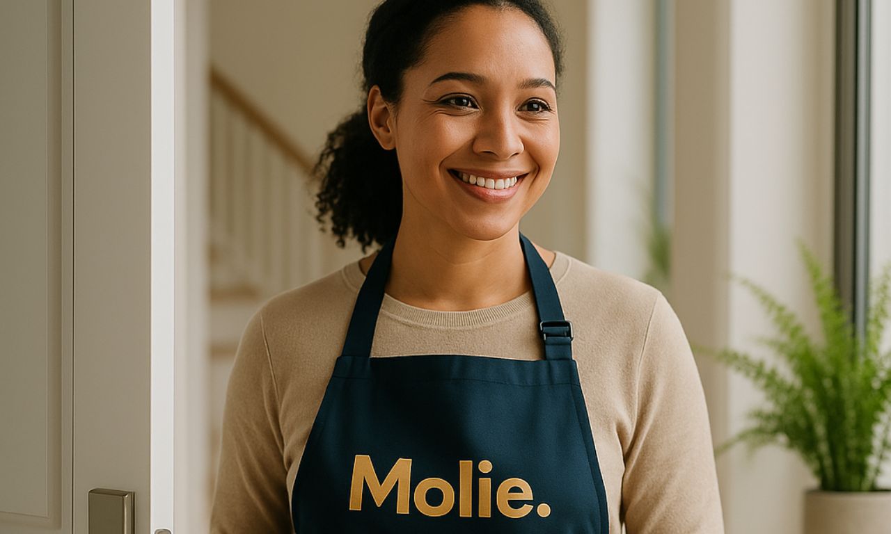 Personne avec tablier Molie souriant, prête à effectuer un service de ménage