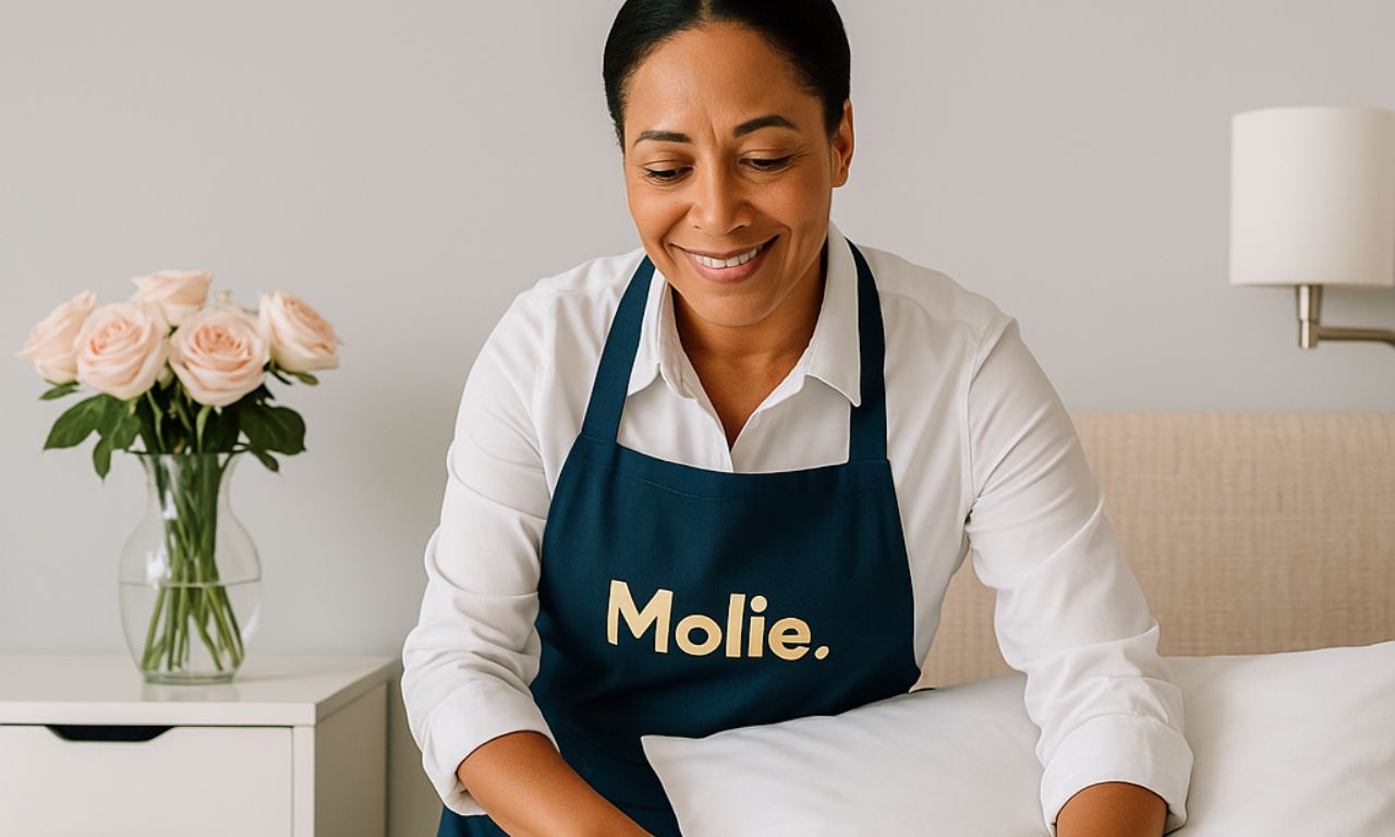 Professionnel Molie souriant avec tablier bleu préparant un lit