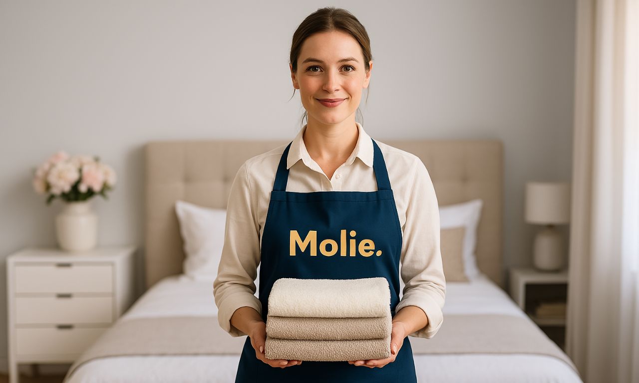 Agent de ménage Molie avec des serviettes propres dans une chambre